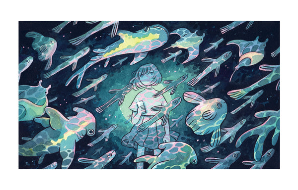 Print of a colored ink artwork depicting a character standing before a scene of sharks, rays, and other fish swimming past them all around, as though in a large aquarium. The scene is lit by a smartphone in the character's hand, with reflections of the water dancing on their body as well as on the fish in the otherwise dark space.