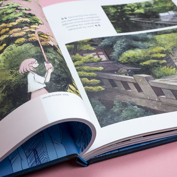 A closeup photo of a spread in The Art of Heikala art book, including images of ink illustrations.