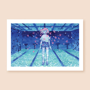 Print of a colored ink artwork depicting a pink haired character underwater in a pool. They appear upright, but are actually upside down, as the bottom of the pool is on the top of the illustration. There are pink butterflies and white specks floating around them as if flocking to them. The painting is completely monochromatic in hues of blue except for the pink hair and butterflies.