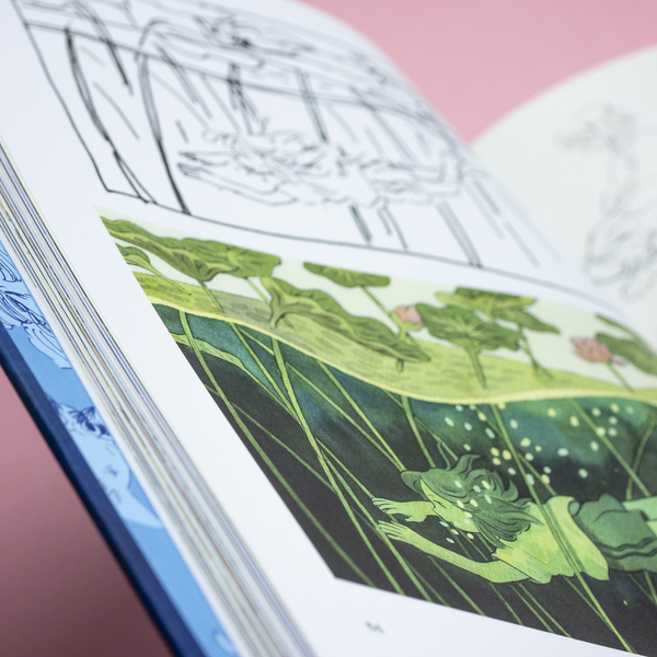 A closeup photo of a spread in The Art of Heikala art book, including images of sketches and ink illustrations.