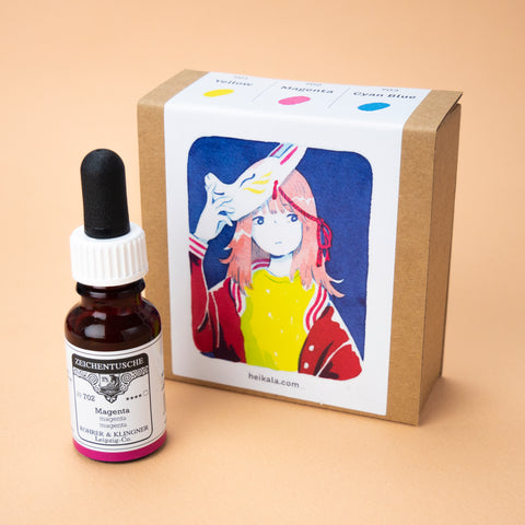 A photo of the Primary Colors ink set in its box, with one bottle of the color magenta next to it. The label on the box is a painting of a character wearing a Japanese fox mask.