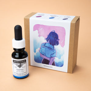 A photo of the Shadowy Blues ink set in its box, with one bottle of the color phthalo blue next to it. The label on the box is a painting of a character wearing a sailor style school uniform, facing away from the viewer towards a purple sky with white clouds and seagulls.