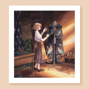 Print of a watercolor artwork depicting a seamstress putting the finishing touches on a black cloak covered in intricately embroidered birds and flowers. The room is dimly lit, and behind the character there are large swaths of patterned fabrics hanging on the wall. There are sewing supplies on tables around the character and warm sunlight casts shadows on the wooden floor.