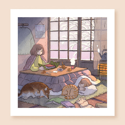 Print of a calm colored ink artwork depicting two characters under a kotatsu. The character on the left is gift-wrapping a book, and the character on the right is asleep, next to an orange striped cat. A sesame shiba inu is also sleeping next to the kotatsu. On the right side there is a heater with a steaming teapot, and a view of snowy branches opens beyond the Japanese screen doors behind the scene.