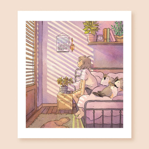 Print of a whimsical colored ink artwork depicting a character sitting on the edge of a bed, facing towards a window and yawning. Morning light is filtered through the blinds and shines on the pink-hued room, with a clear striped pattern on the wall. Beside the character on the bed there are three big and fluffy birds who are still sleeping. There is a shelf on the wall above the bed, and the clock on it sets the time as 7 AM.