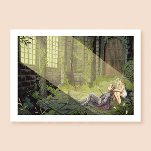 Print of a colored ink artwork depicting two characters in castle ruins. A knight with long brown hair has been shot in the chest with an arrow, and a character with blonde hair and a white dress sits behind them brushing their hair. Both are wearing white flower crowns. Sunlight streams upon them through the windows on the opposite side of the image.