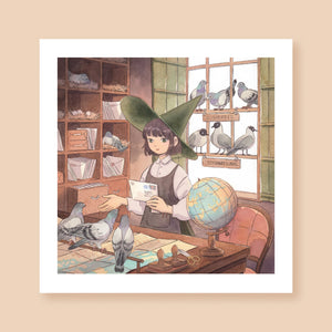 Print of a watercolor artwork depicting a witch in a green pointy hat explaining the intricacies of mail delivery to three pigeons perched on their desk. On their left side there is a shelf full of letters and pigeon nests, and behind them on the window there are two perches. On the top perch there are three pigeons and a sign the reads Domestic, and on the bottom perch there are three black-headed gulls and a sign that reads International.