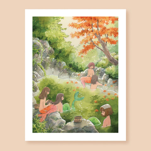 Print of a colored ink artwork depicting five mermaids bathing in a hot spring. The spring is surrounded by greenery, and a Japanese maple has dropped some of its orange leaves in the water, suggesting autumn. One of the mermaids is combing another's long hair, while two others are talking lively on the other side of the spring. One mermaid is sitting calmly by herself away from the others with a washcloth on her head. The reflections of the plants around them make the water appear green.