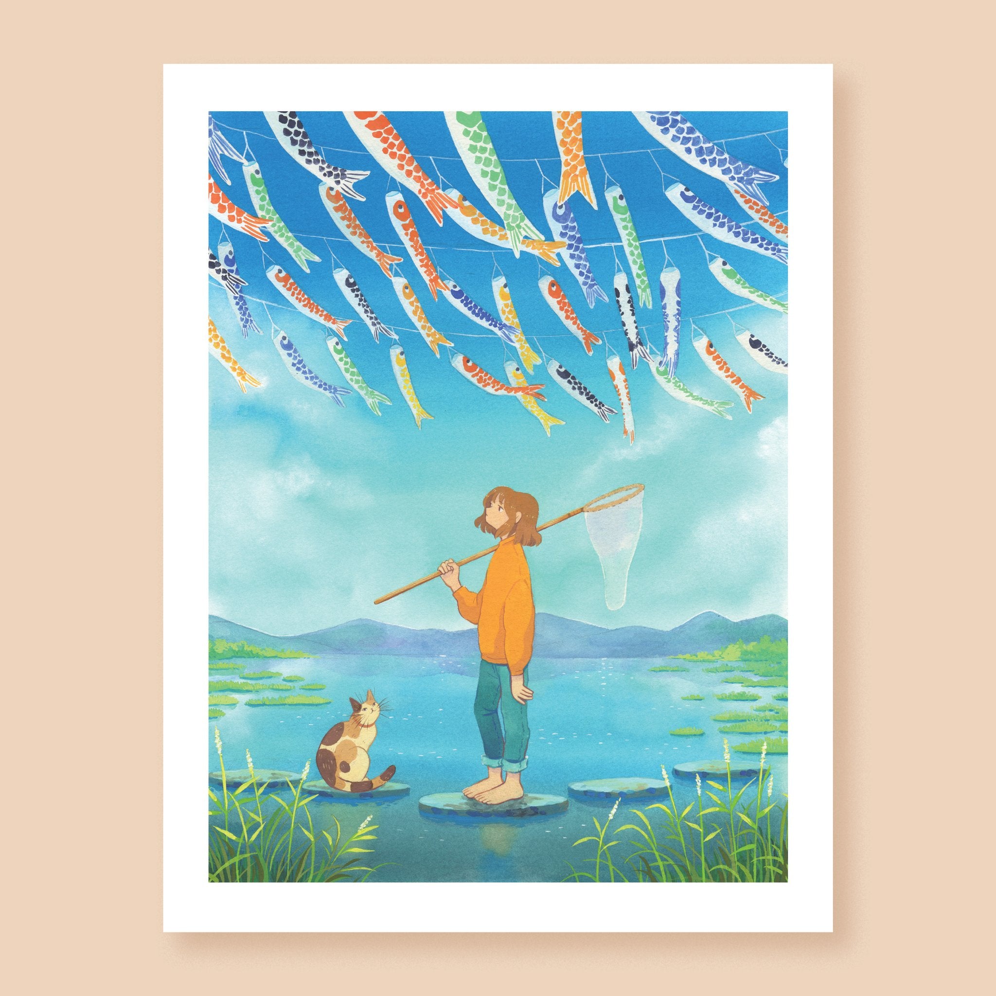 Print of a poster color artwork depicting a character holding a bug-catching net, standing on a stepping stone path across a calm body of water. There is a brown cat on a stone next to them, and above them on the blue sky there are koinobori banners flowing in the wind. 