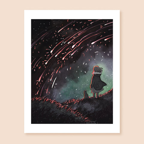 Print of a wistful colored ink artwork depicting a character wearing a fur-trimmed coat and a skirt looking at a meteor shower with a black cat on a grassy hill. The meteors appear red and white against the black sky, and the red is reflected on the observers and the grass.