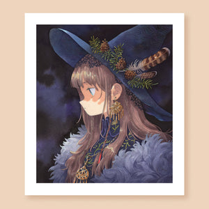 Print of a colored ink artwork depicting a longhaired witch, wearing furs and intricate Finnish jewelry. Their grey witch hat is lined with pinecones and feathers, and under the hat they have a dark lace garment lying flat against their hair. The background is dark blue and dramatic.