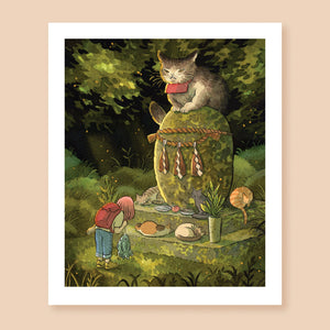 Print of a colored ink artwork depicting a pink haired character holding an offering of three fish and bowing before a forest altar surrounded by cats. A large cat deity is sitting on top of the altar and looking down upon the character.