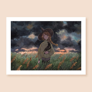 Print of a colored ink artwork depicting a witch with long hair on a braid, standing on a windy field facing directly towards the camera. They're holding a cute black crow that's looking up towards their face, and behind them the sky is stormy and dramatic. In the far horizon the colors turn warm, implying that calm is on its way.