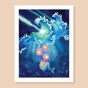 Print of a colored ink artwork depicting shooting stars hitting the waves of a stormy sea, and dropping to the bottom as glowing star-shaped fragments. Beneath the waves a mermaid is cradling one of the fragments, while small fish swim around them. The painting is almost completely blue, with only the stars giving off a warm orange light.