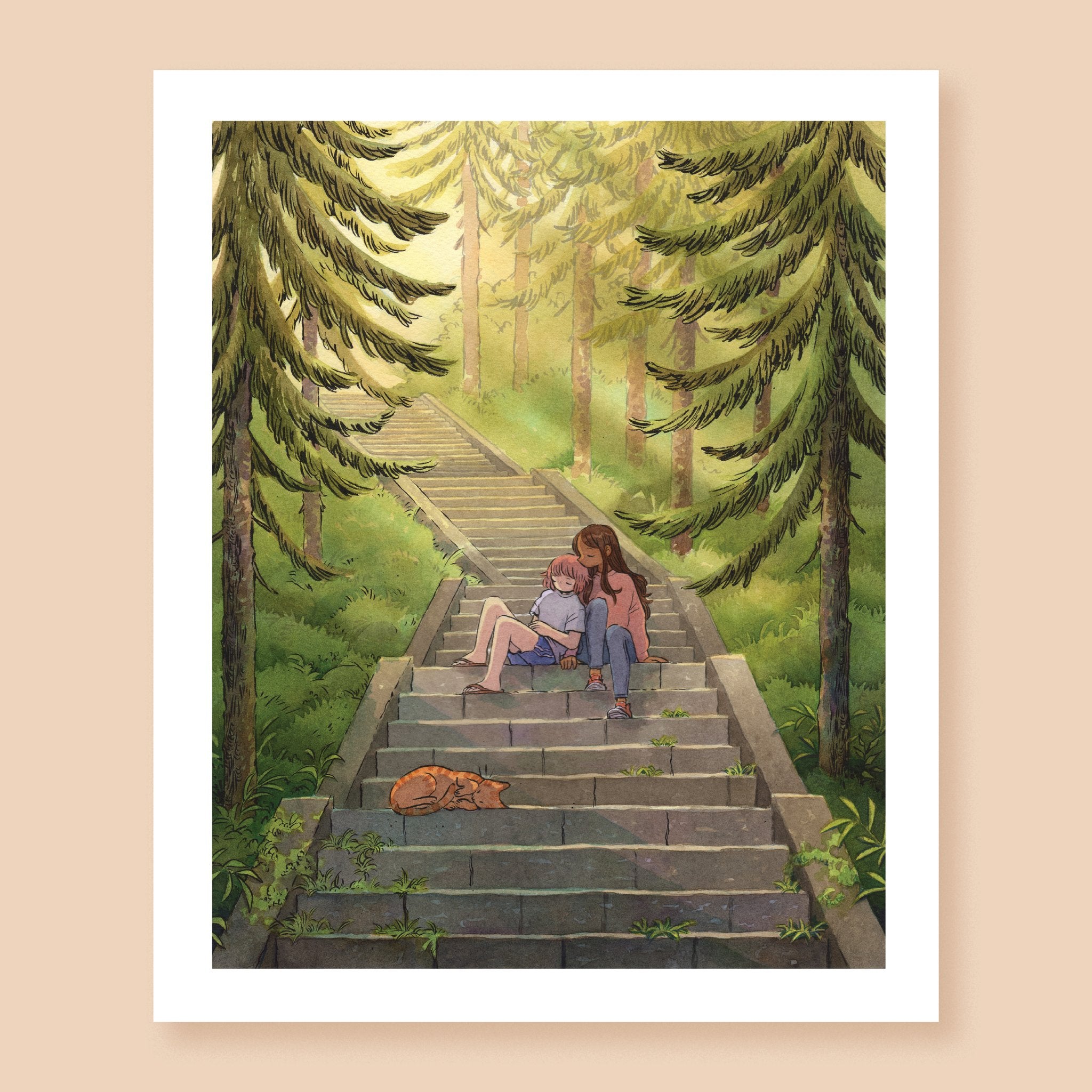 Print of a colored ink artwork depicting two characters sitting and leaning onto each other on stone stairs leading up a forested mountain, surrounded by pines. There is an orange tabby cat asleep some steps below them, and warm sunlight streams from uphill.