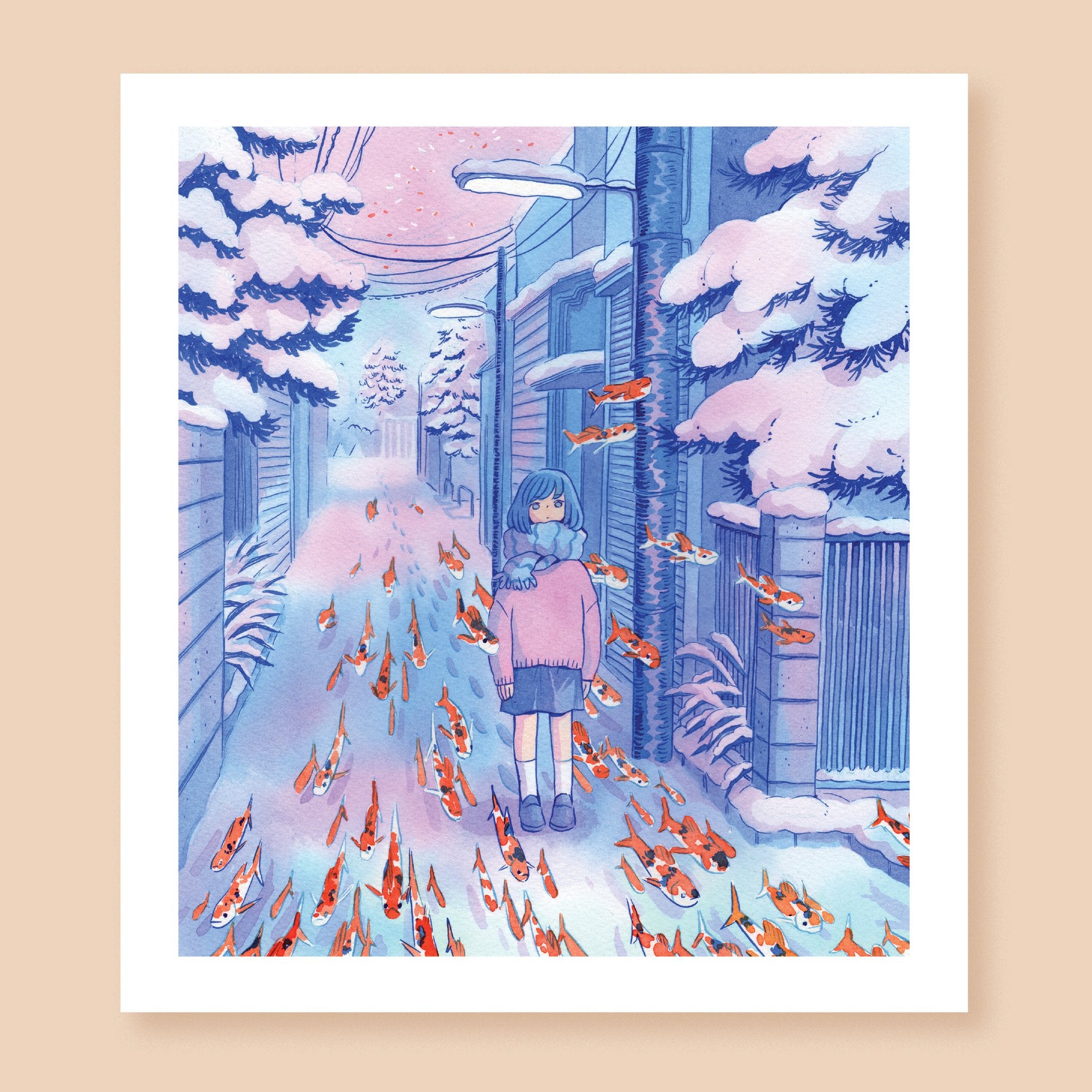 Print of a colored ink artwork depicting a character standing on a wintery street surrounded by snow-covered trees, in a dreamlike blue-and-pink scene. By their feet a stream of koi fish, splattered in orange, black, and white, swim through the air down the street.