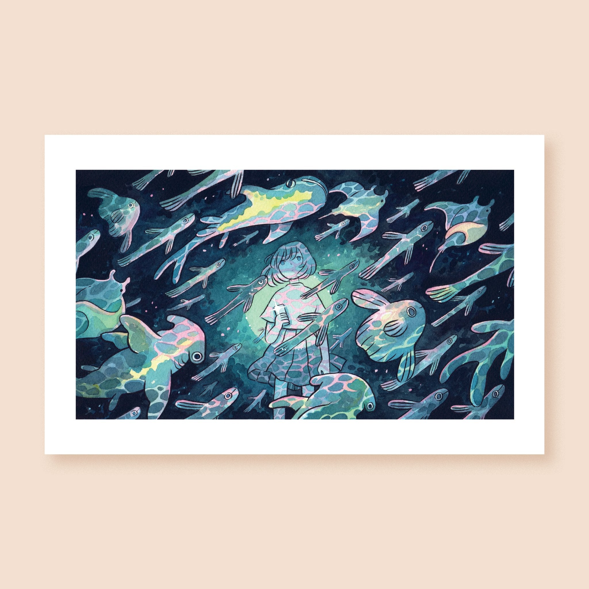 Print of a colored ink artwork depicting a character standing before a scene of sharks, rays, and other fish swimming past them all around, as though in a large aquarium. The scene is lit by a smartphone in the character's hand, with reflections of the water dancing on their body as well as on the fish in the otherwise dark space.