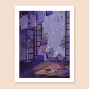 Print of a purple hued colored ink artwork depicting a character sitting on the veranda of a traditional Japanese house, facing away from camera and looking at the rain. They are holding an uchiwa fan and there is an electric fan in the room behind them, as well as some watermelon slices on the table. There is a line of laundry drying above where the character is sitting, and two glass wind chimes hang by the side of the screen doors.