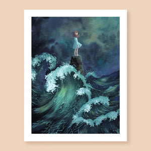 Print of a dramatic poster color artwork depicting a character with long brown hair and a white dress standing on a tall rock protruding from a stormy sea. Large waves are hitting the rock from all sides and the sky is dark. 