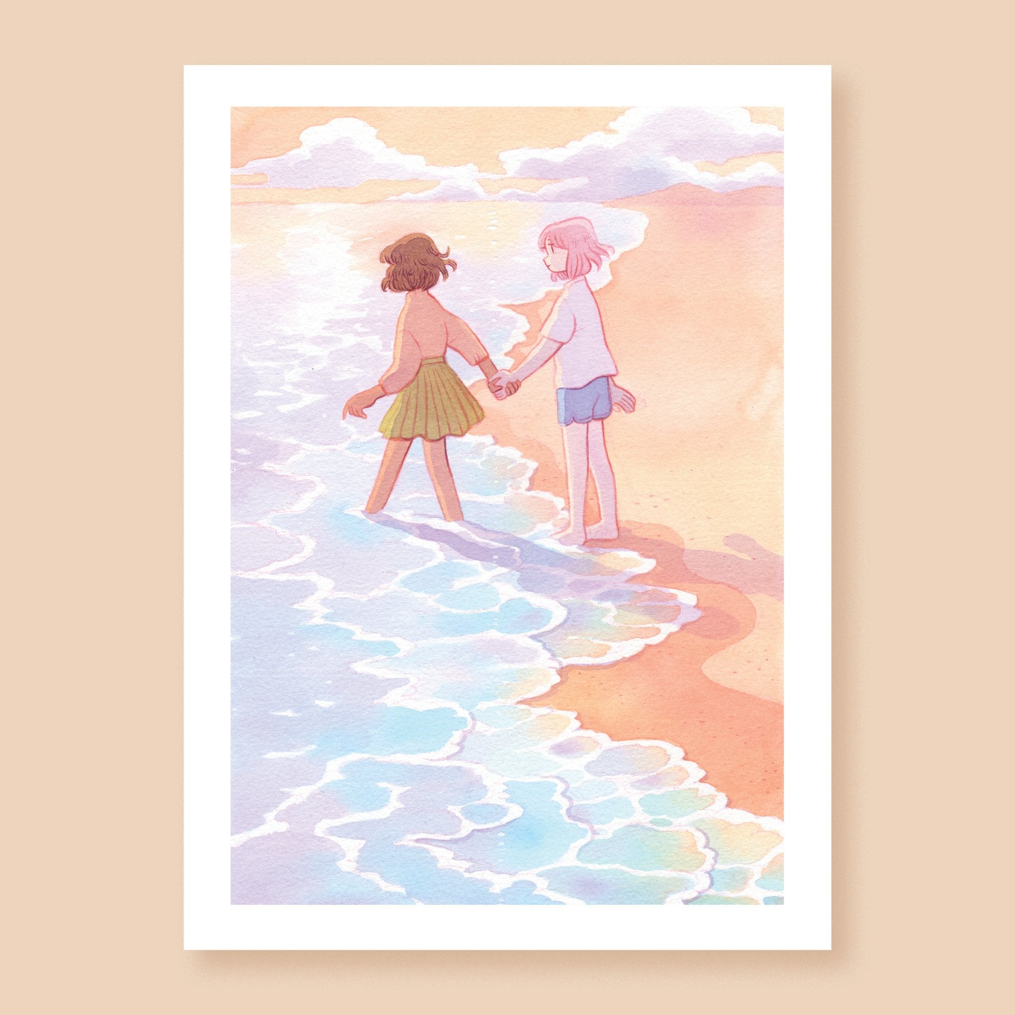 Print of a colored ink illustration depicting two characters on the seashore at sunset. The scene is lit brightly and warmly, and the characters are walking towards the water holding hands, with the character on the left leading the character on the right.