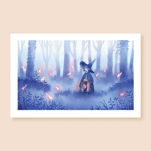 Print of a colored ink artwork depicting a witch holding a lantern in a misty forest, surrounded by small floating lights. The witch and the forest are painted in blue hues, with the lantern and the wisps glowing in white and peach.