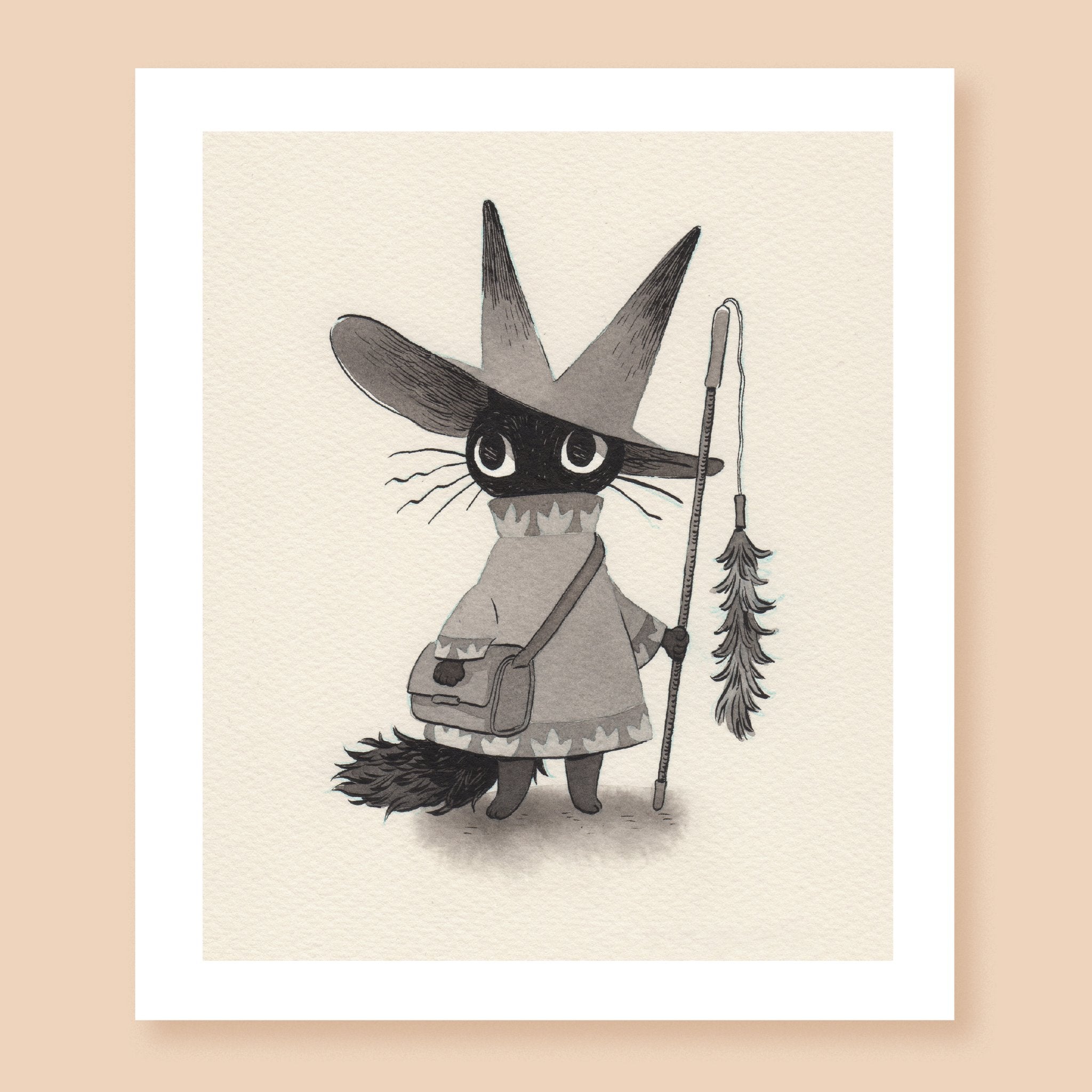 Print of a monochromatic greyscale ink artwork depicting a black cat wearing wizard's robes and holding a cat toy as their staff. Their pointy wizard's hat has two points, one for each long ear.